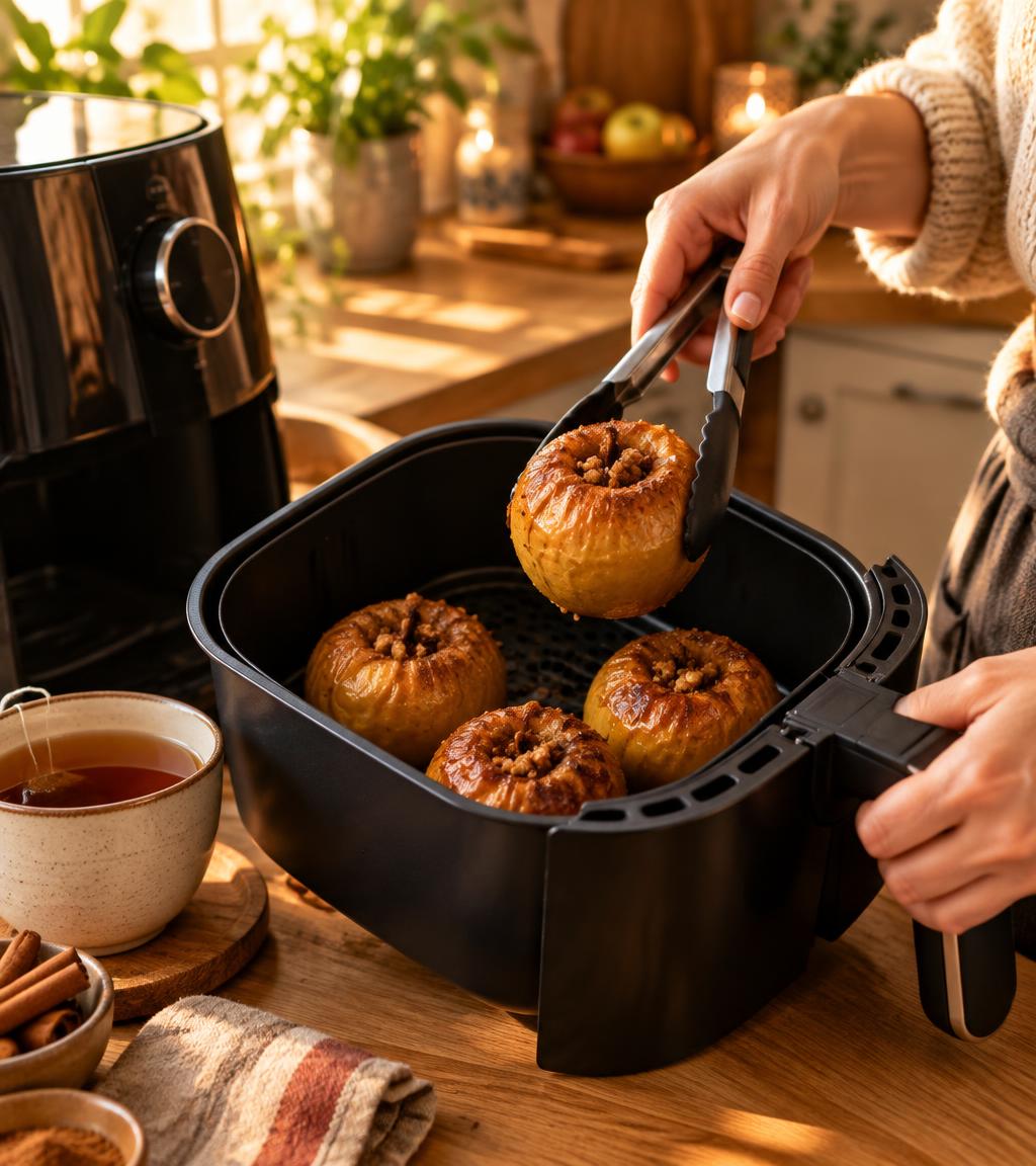 Manzanas asadas con canela saliendo de la airfryer por la tarde